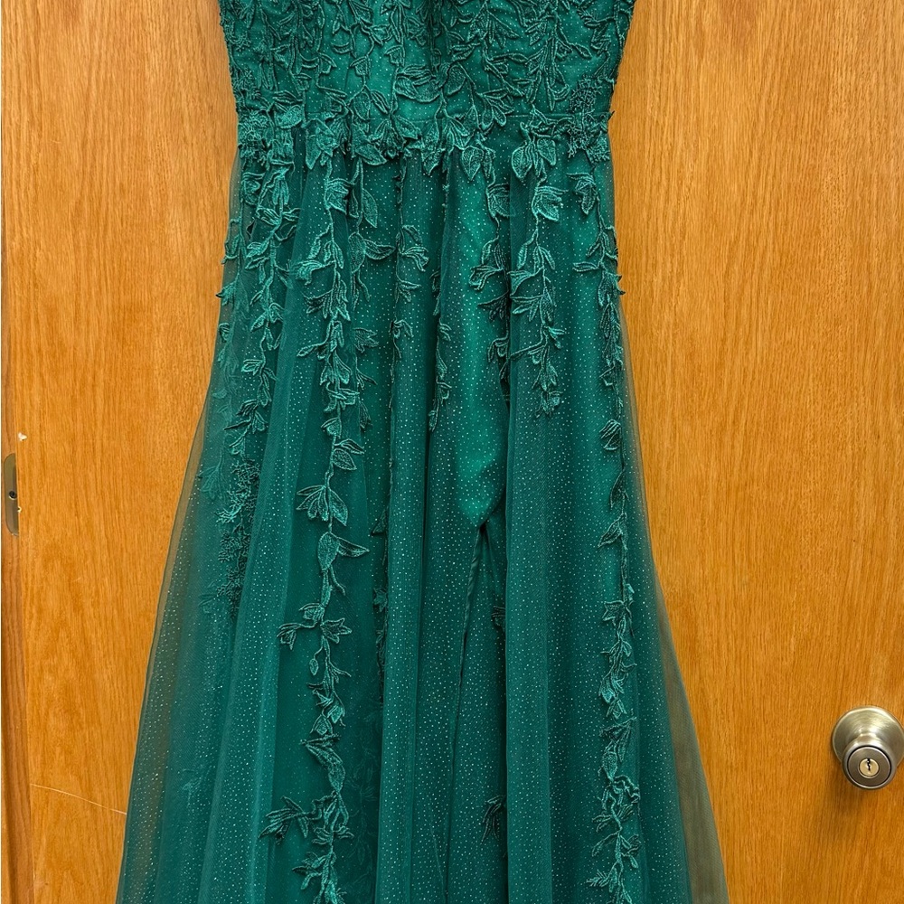 Emerald Green Floral Lace Sparkle Prom Dress - Size 8